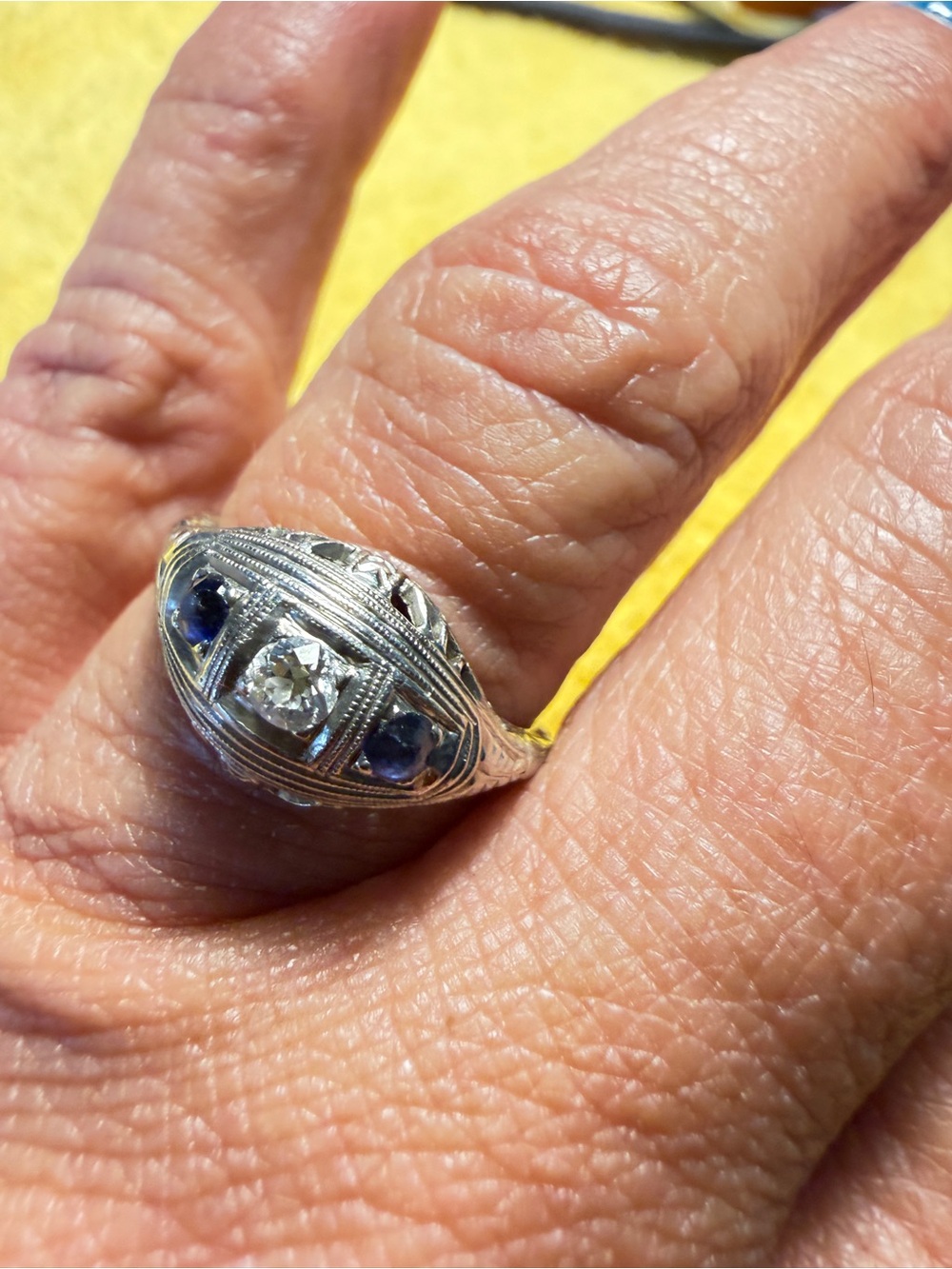 Art Deco Filigree 14k Gold Diamond Sapphire
Ring-valued at $2500 !!